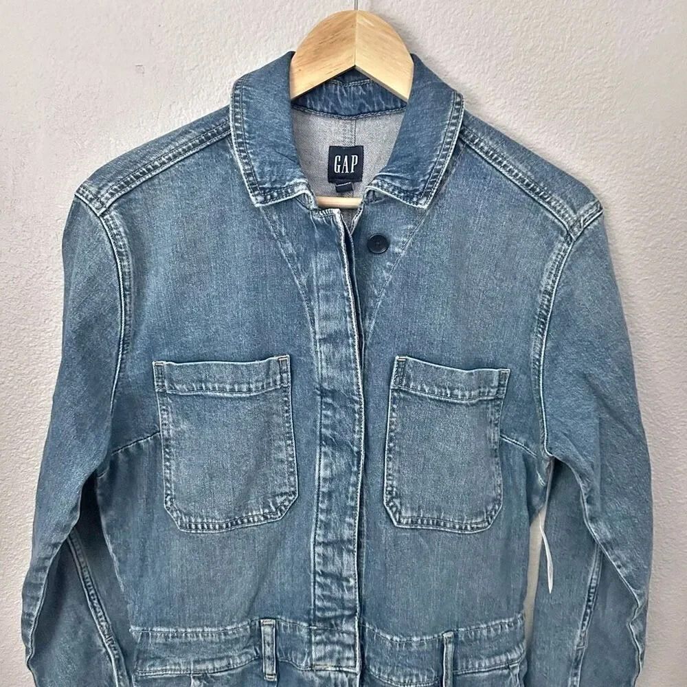 GAP | NWT Denim Utility Romper Washwell Long Sleeve Shorts Jumpsuit | Size 8 - Picture 4 of 11